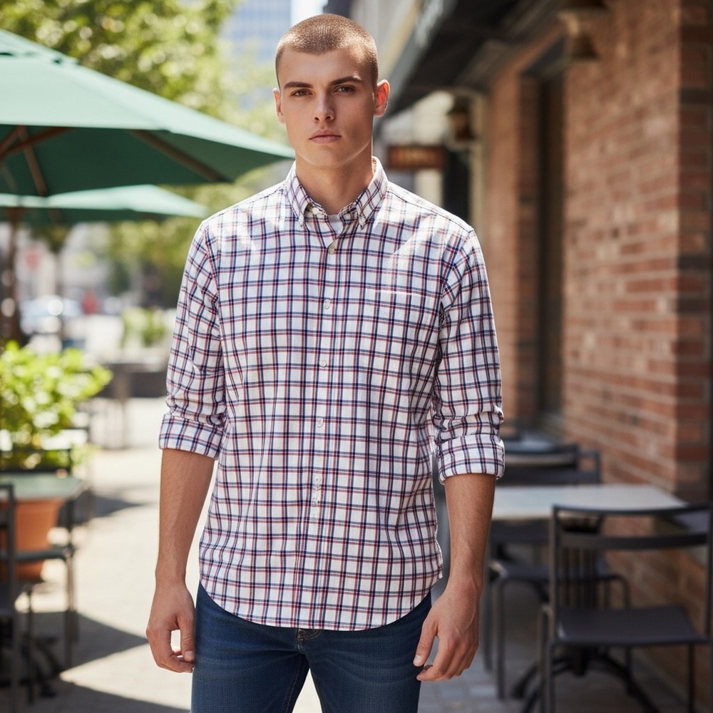 J Crew‎ Thompson Flex Wrinkle Free Plaid Button Down Shirt Men's Medium Red Blue